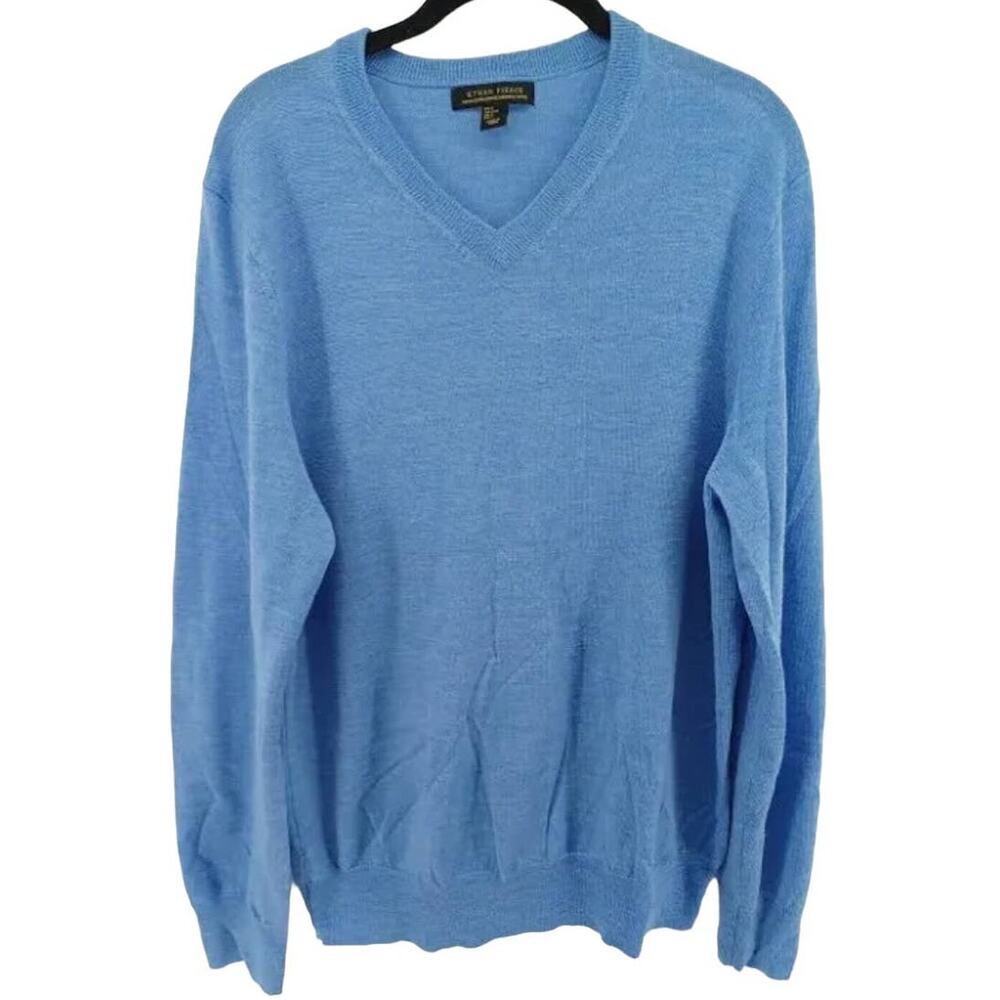 Ethan Pierce Sweater Men's Size L Blue Merino Wool V Neck Long Sleeve Pullover